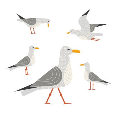 Sticker  Seagull, icône, ensemble Jeu de bande dessinée à main levée. Logo d'oiseau volant. Seabird marine symbole isolé. Emblème stylisé des animaux nautiques. Élément, bannière, fond Vecteur, conception, pub