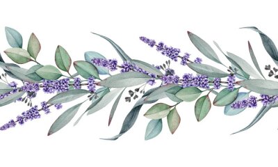 Sticker  Seamless border from lavender and eucalyptus watercolor illustration. Natural organic herbs mixed in elegant ornament. Hand drawn eucalyptus branch with lavender flowers in elegant seamless border
