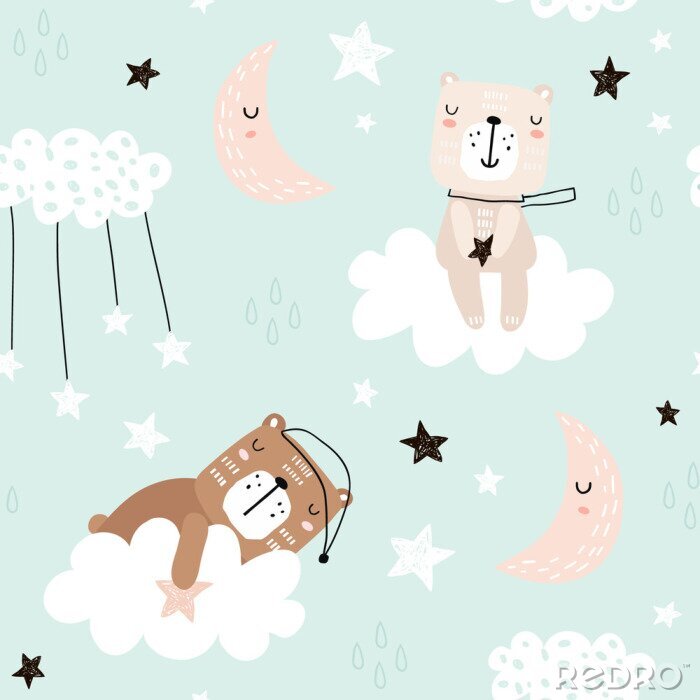 Sticker  Seamless childish pattern with cute bears on clouds, moon, stars. Creative scandinavian style kids texture for fabric, wrapping, textile, wallpaper, apparel. Vector illustration