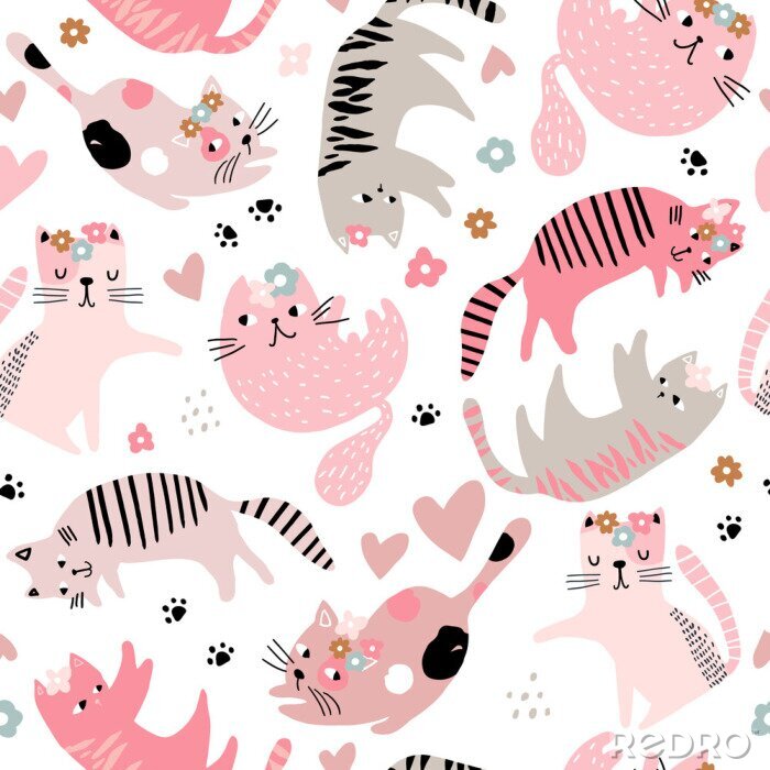 Sticker  Seamless childish pattern with cute girl cats . Creative kids hand drawn texture for fabric, wrapping, textile, wallpaper, apparel. Vector illustration