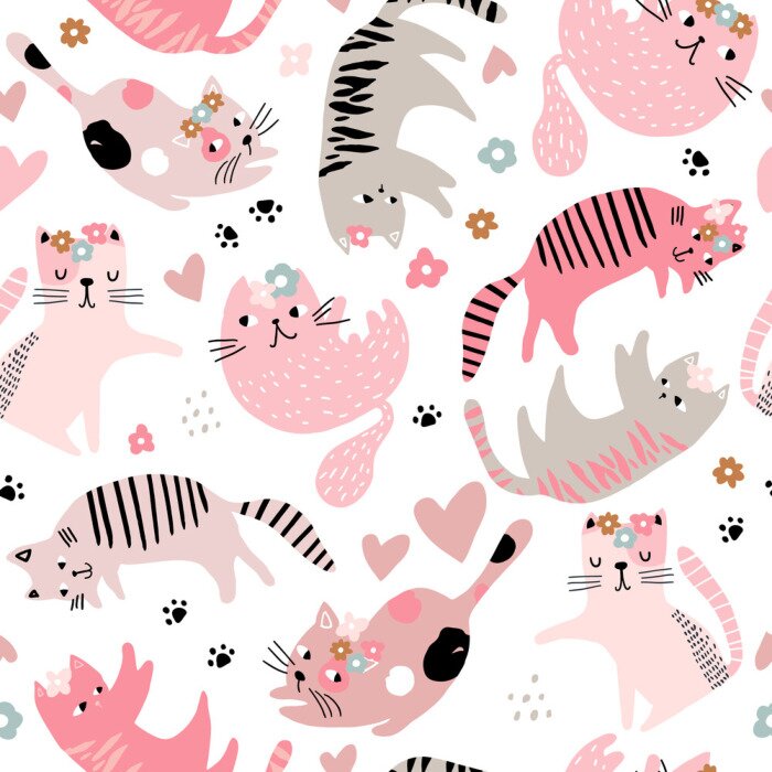 Sticker  Seamless childish pattern with cute girl cats . Creative kids hand drawn texture for fabric, wrapping, textile, wallpaper, apparel. Vector illustration