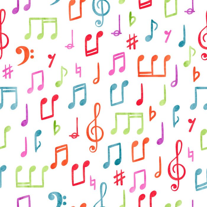 Sticker  Seamless colorful music notes pattern. Musical watercolor background.	