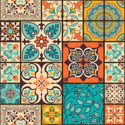 Sticker  Seamless colorful patchwork tile with Islam, Arabic, Indian, ottoman motifs. Majolica pottery tile. Portuguese and Spain decor. Ceramic tile in talavera style. Vector illustration.