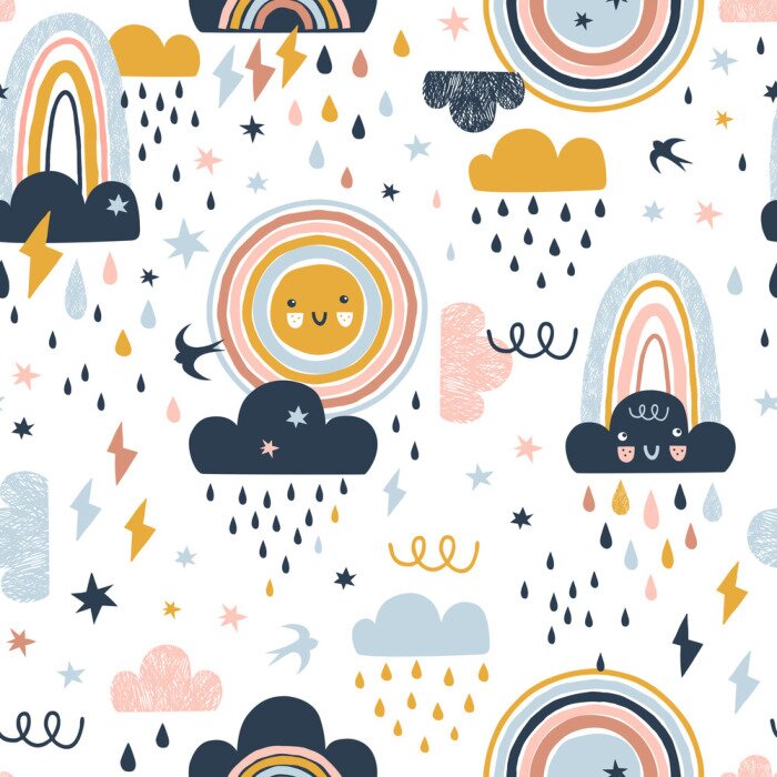 Sticker  Seamless cute pattern with hand drawn rainbows, rain drops, clouds sun and martlets. Creative scandinavian childish background for fabric, wrapping, textile, wallpaper, apparel. Vector illustration