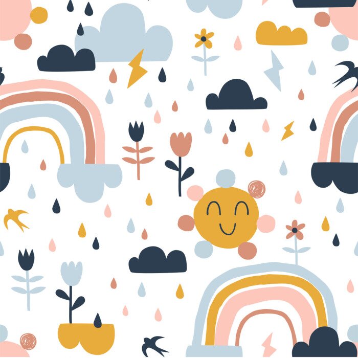 Sticker  Seamless cute pattern with hand drawn rainbows, rain drops, clouds sun, flowers and martlets. Creative scandinavian childish background for fabric, wrapping, textile, wallpaper, apparel. Vector