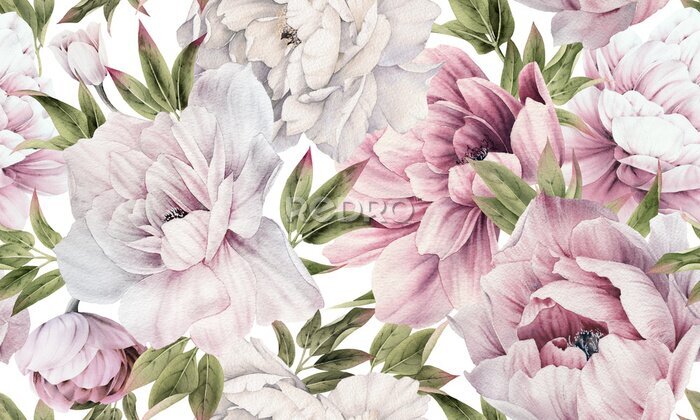 Sticker  Seamless floral pattern with peonies on summer background, watercolor illustration. Template design for textiles, interior, clothes, wallpaper