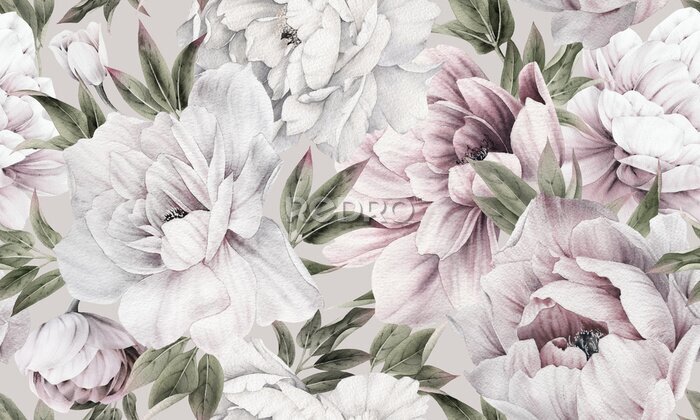 Sticker  Seamless floral pattern with peonies on summer background, watercolor illustration. Template design for textiles, interior, clothes, wallpaper