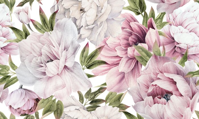 Sticker  Seamless floral pattern with peonies on summer background, watercolor illustration. Template design for textiles, interior, clothes, wallpaper