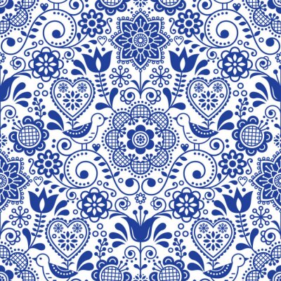 Papier peint à motif  Seamless folk art vector pattern with birds and flowers, Scandinavian navy blue repetitive floral design