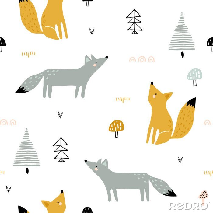 Sticker  Seamless forest pattern with foxes, trees, mushrooms. Creative minimalistic kids for fabric, wrapping, textile, wallpaper, apparel. Vector illustration