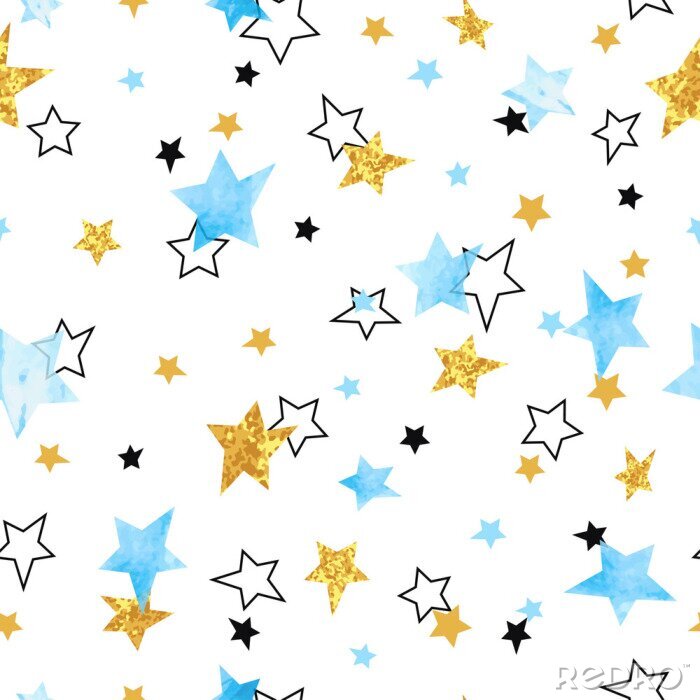 Sticker  Seamless modèle d'étoiles. Vectoriel d'arrière-plan avec l'aquarelle bleue et les étoiles d'or scintillantes.