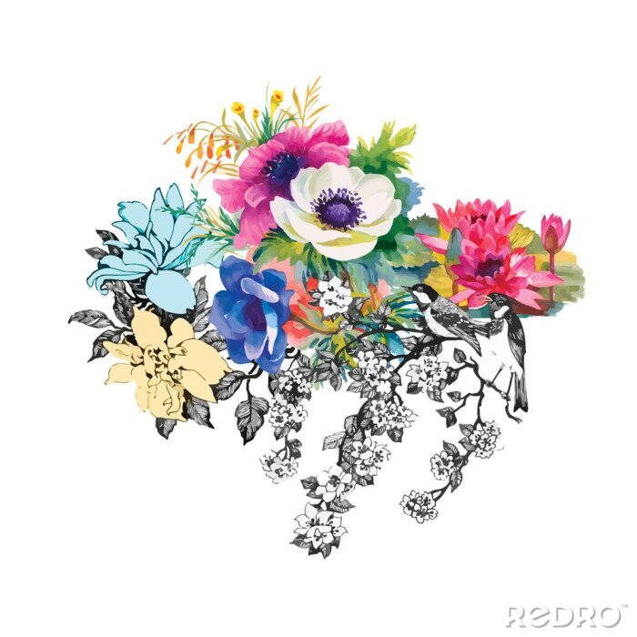 Sticker  Seamless motif de fleurs à l'aquarelle, papier, textile, tissu, papier d'emballage, papier peint, vecteur
