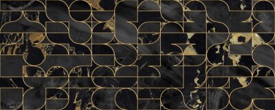Sticker  Seamless pattern design with golden geometric lines, black marble surface, modern luxurious background