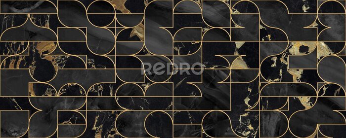 Sticker  Seamless pattern design with golden geometric lines, black marble surface, modern luxurious background