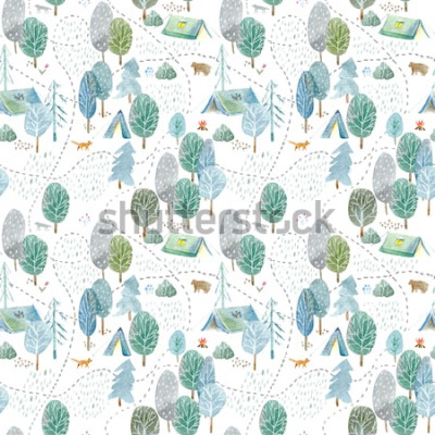 Sticker  Seamless pattern of a camping,road,fox,wolf,bear in the woods.Tent, trees, bonfire, plants and floral.Landscape tourism.Watercolor hand drawn illustration.White background.