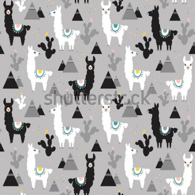 Sticker  Seamless pattern of llama, cactus and mountains. Great for fabric, textile. Vector background.