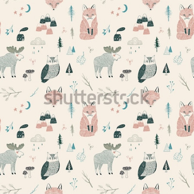 Sticker  seamless pattern of woodland animals, trees, mountains  