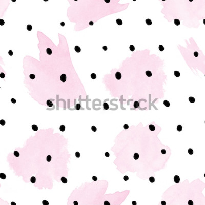 Sticker  Seamless Pattern - traits aquarelles roses sur pois noirs -