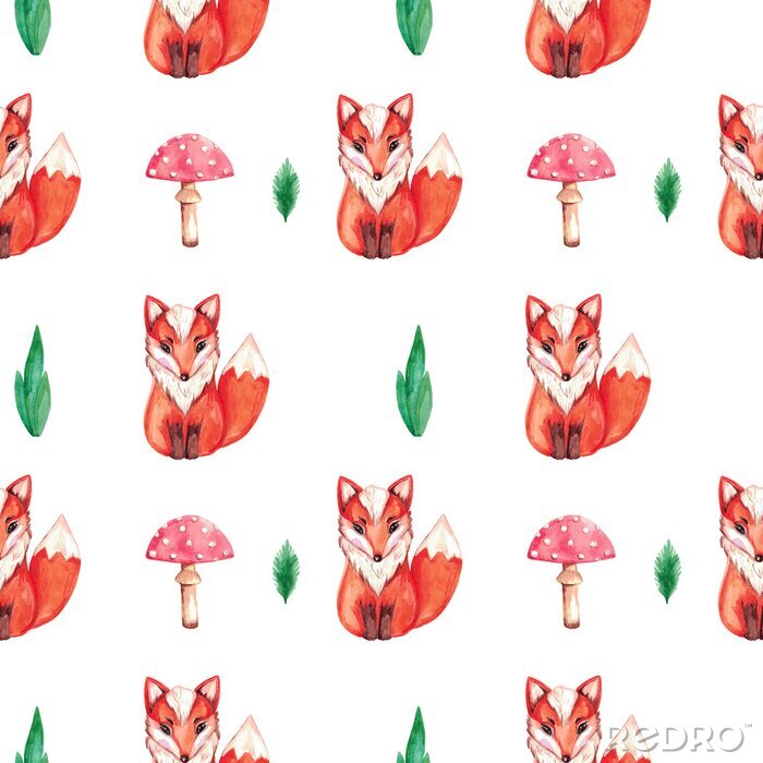 Sticker  Seamless pattern Watercolor illustration of red Fox on white isolated background Hand painted animal