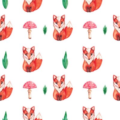Sticker  Seamless pattern Watercolor illustration of red Fox on white isolated background Hand painted animal