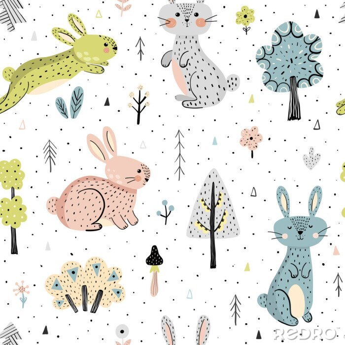 Sticker  Seamless pattern with bunnies in the forest. Childish background in modern scandinavian style. Vector illustration