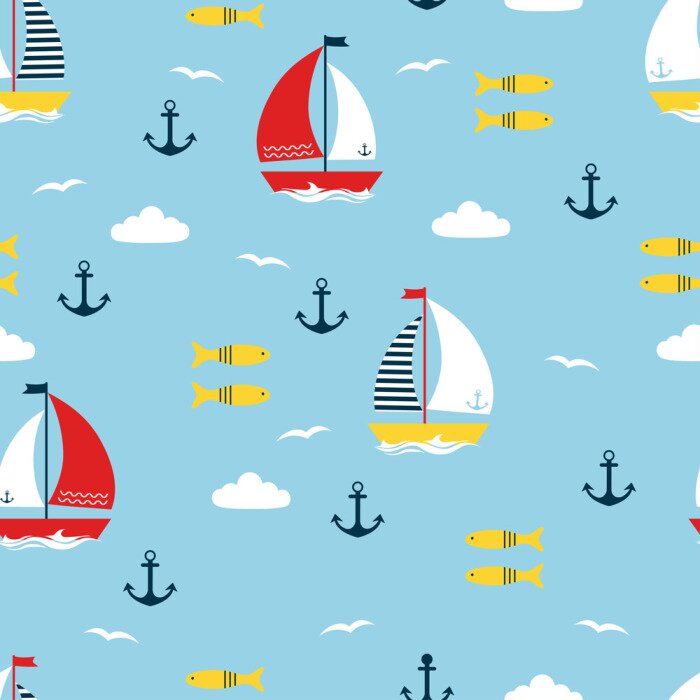 Sticker  seamless pattern with cartoon boats