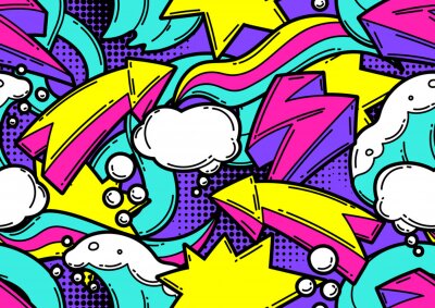 Sticker  Seamless pattern with cartoon decorative elements. Urban colorful teenage creative background.