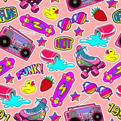 Sticker  Seamless pattern with colorful elements: skateboard, sunglasses, boombox, rubber duck, vintage roller blades, spilling soda can, rainbow stars, funky patches, strawberries, etc. 80s comic style.