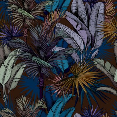 Papier peint à motif  Seamless pattern with colorful tropical leaves on dark blue background. Hand drawn vector illustration.