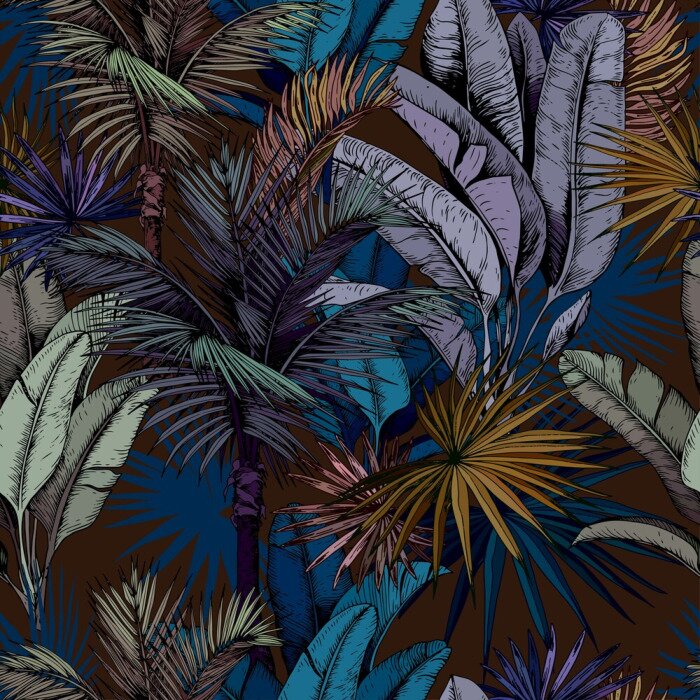 Sticker  Seamless pattern with colorful tropical leaves on dark blue background. Hand drawn vector illustration.