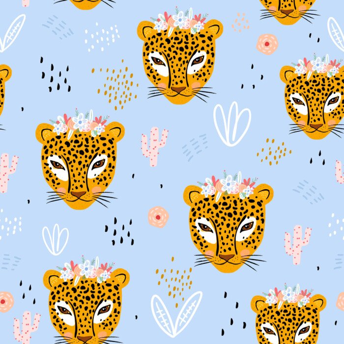 Sticker  Seamless pattern with cute hand drawn leopard faces. Creative childish jungle background. Perfect for kids apparel,fabric, textile, nursery decoration,wrapping paper.Vector Illustration