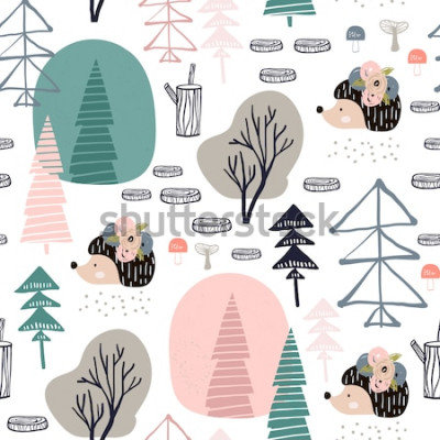 Sticker  Seamless pattern with hedgehog, forest elements. Creative woodland height detailed background. Perfect for kids apparel,fabric, textile, nursery decoration,wrapping paper.Vector Illustration
