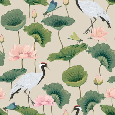 Sticker  seamless pattern with lotuses and Japanese cranes