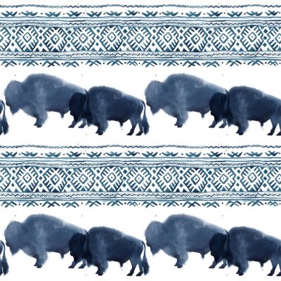 Seamless pattern with watercolor realistic bison silhouette and national ornament in blue colors on white background