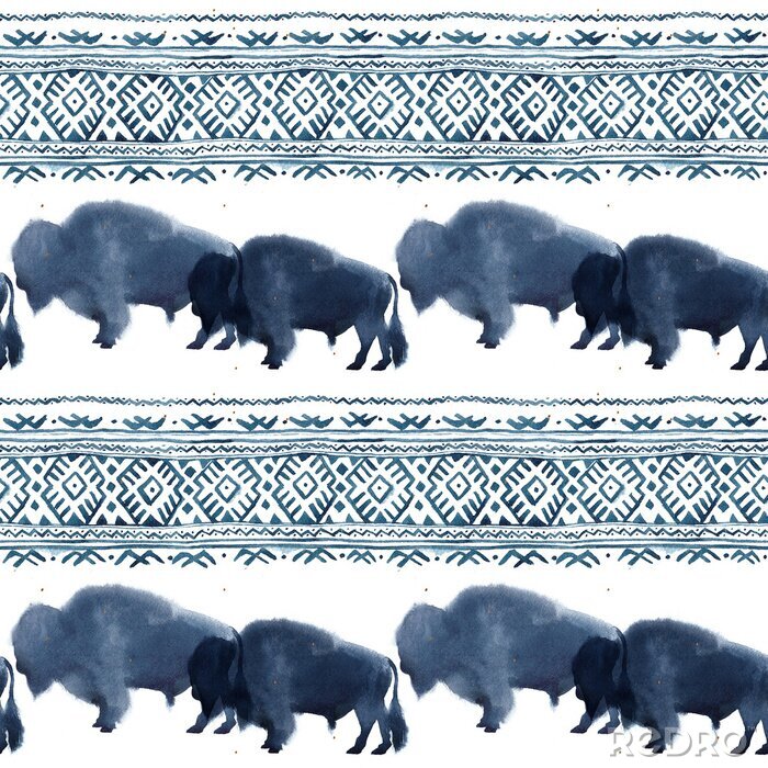Sticker  Seamless pattern with watercolor realistic bison silhouette and national ornament in blue colors on white background