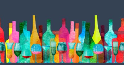 Sticker  Seamless ribbon border with stylized silhouettes of colored bottles of alcohol and glasses. Watercolor.