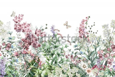 Sticker  seamless rim. Border with Herbs and wild flowers, leaves. Botanical Illustration Colorful illustration on white background. Spring composition with butterfly