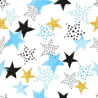 Seamless Stars pattern. Vector background with watercolor blue and glittering golden stars.