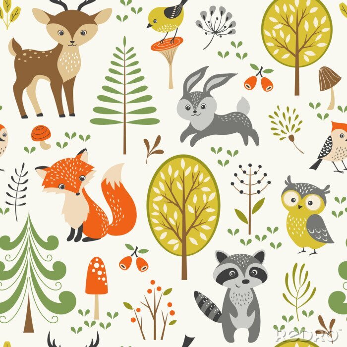 Sticker  Seamless summer forest pattern with cute woodland animals, trees, mushrooms and berries
 