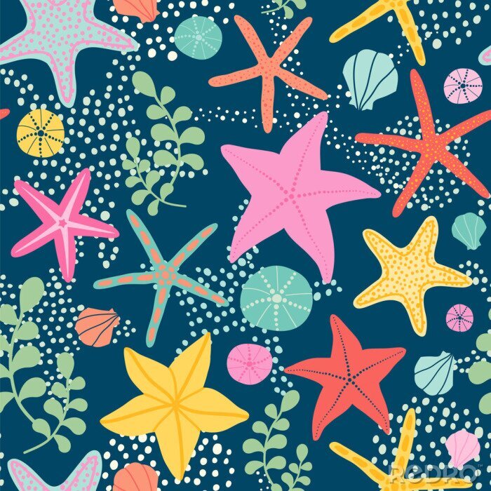 Sticker  Seamless vector pattern with starfish on the dark background. 