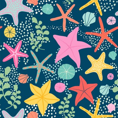 Sticker  Seamless vector pattern with starfish on the dark background. 