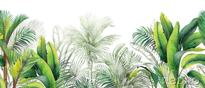 Sticker  Seamless watercolor border with green tropical foliage.