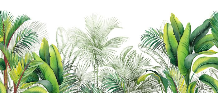 Sticker  Seamless watercolor border with green tropical foliage.