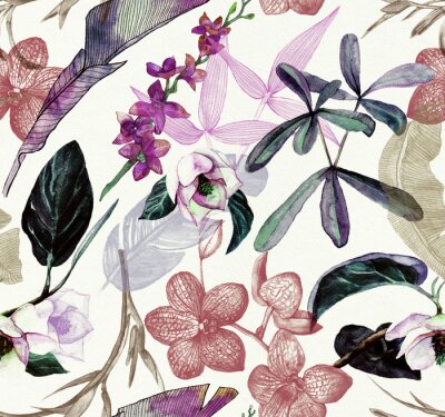 Sticker  Seamless watercolor pattern with tropical flowers, magnolia, orange flower, vanilla orchid, tropical leaves, banana leaves