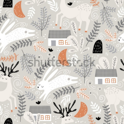 Sticker  Seamless woodland pattern with deer, bunny and forest house. Creative kids for fabric, wrapping, textile, wallpaper, apparel. Vector illustration