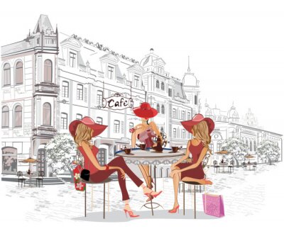Sticker  Série des cafés de rue avec des personnes, hommes et femmes, dans la vieille ville, illustration vectorielle. Les serveurs servent les tables.
