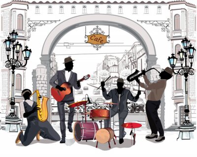 Sticker  Série des rues avec des musiciens dans la vieille ville.