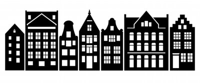 Sticker  Set of Amsterdam style houses. Laser cut silhouette. Stylized facades of dutch buildings in old European fashion. Wood carving vector template. Urban landscape in black and white. Paper cut, die cut.