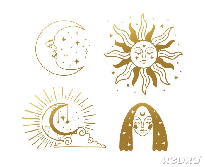 Sticker  Set of beautiful golden mystical elements in boho style, sun and crescent with a face, the moon, a female face with stars. Elements for design, tattoo, sticker. Linear vector illustration isolated on
