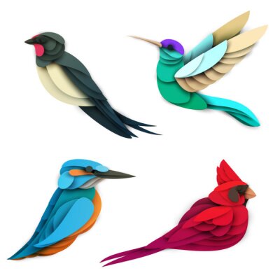 Sticker  Set of cartoon colorful birds in trendy paper cut craft graphic style. Swallow, hummingbird, red cardinal, king fisher. Modern design for advertising cover, poster, banner. Vector illustration